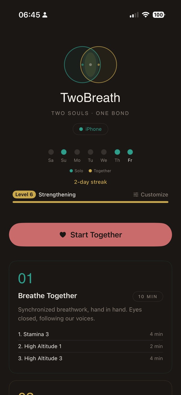 TwoBreath iPhone home screen showing the daily ritual, streak and Start Together button